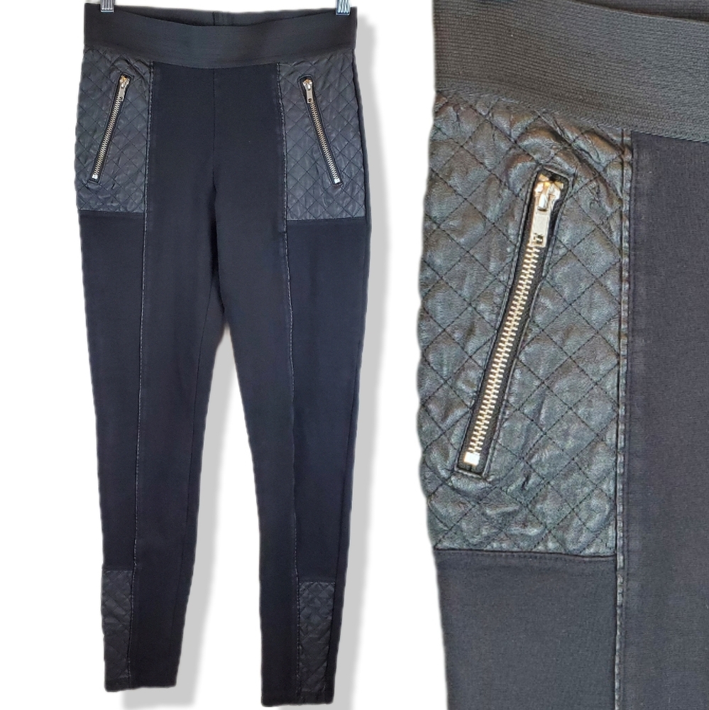 H&M Black Quilted Faux Leather Patchwork Leggings Size S Zipper Pockets Womens